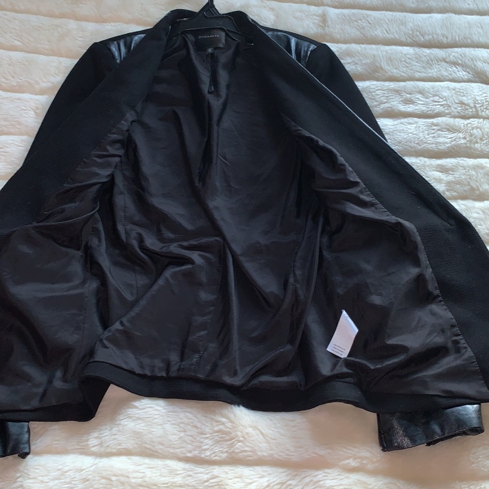 Y2K Black leather trim zippered biker sleeve WRAP blazer Coat Jacket XS S - Picture 14 of 16